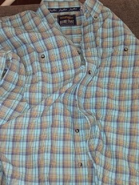 Wrangler George Strait Light Blue and Brown Plaid Button-Down Shirt